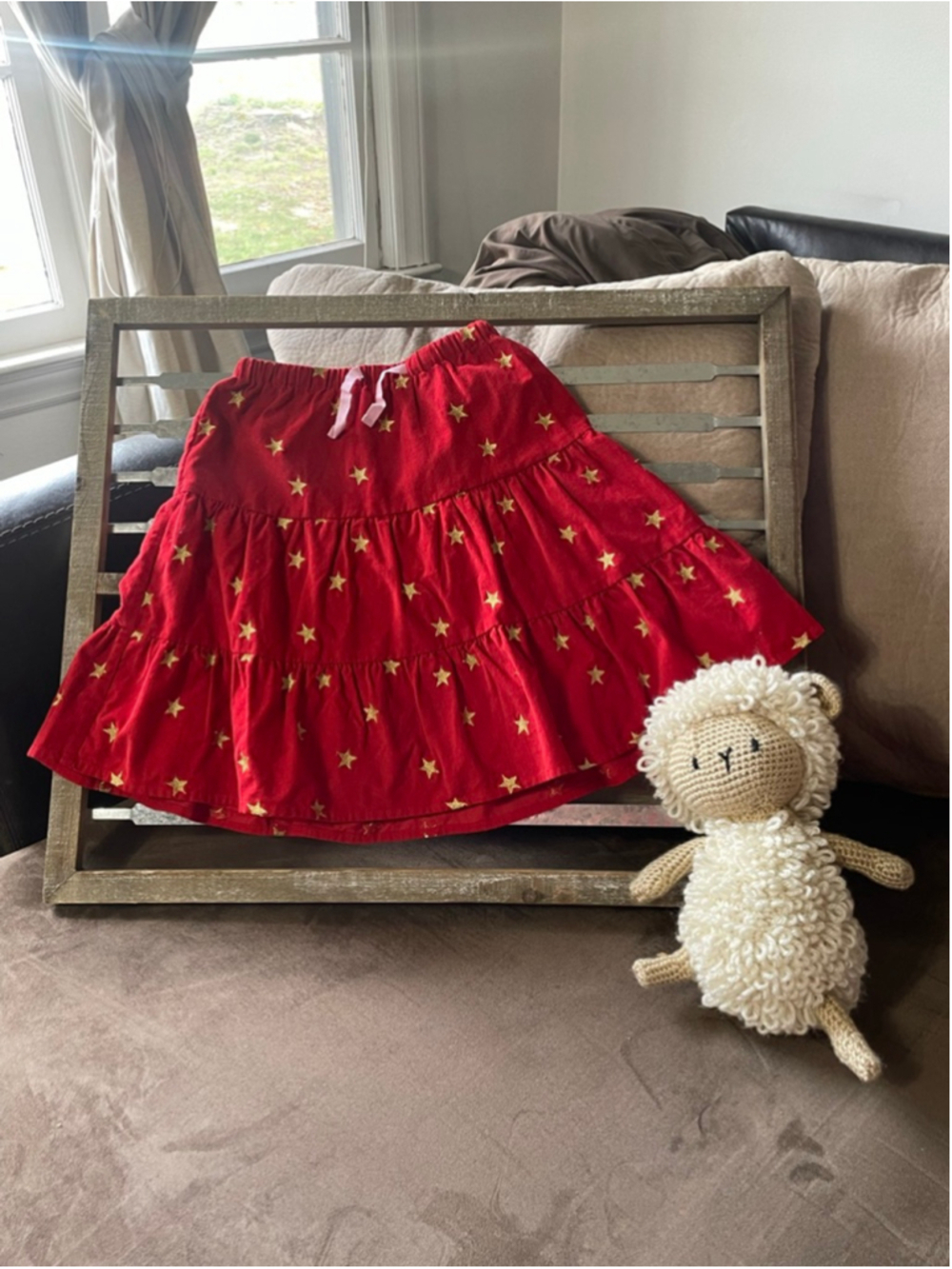 Girls Mini Boden Red Gold Star Tiered Skirt Size 7